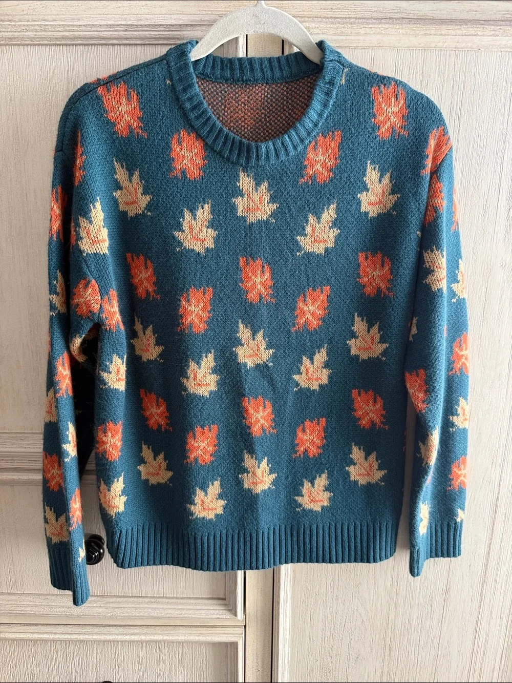 Teal Leaf-Print Knit Sweater in Teal, Orange & Cream